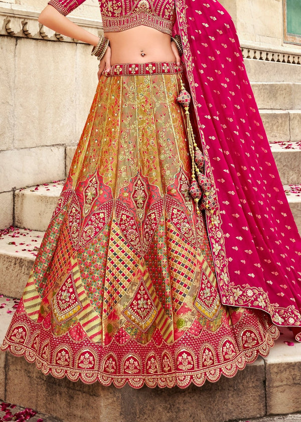 Rani Pink and Olive Green Banarasi Lehenga Choli
