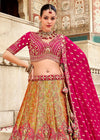 Rani Pink and Olive Green Banarasi Lehenga Choli