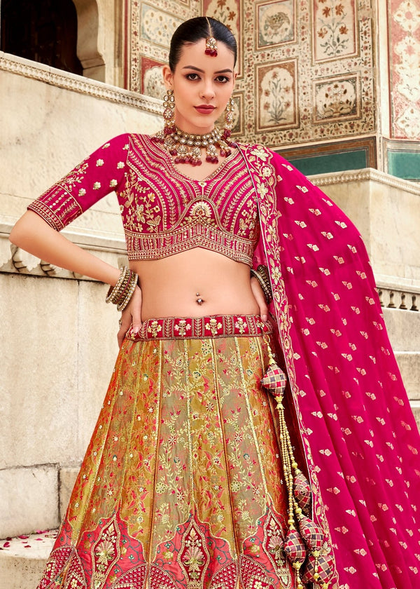 Rani Pink and Olive Green Banarasi Lehenga Choli