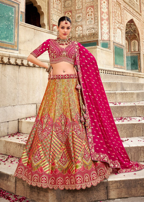 Rani Pink and Olive Green Banarasi Lehenga Choli