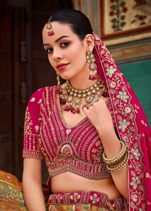 Rani Pink and Olive Green Banarasi Lehenga Choli