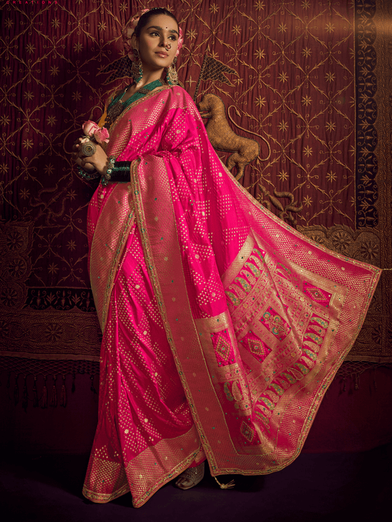 Rani Pink Banarasi Dola Silk Saree With Contrast Blouse