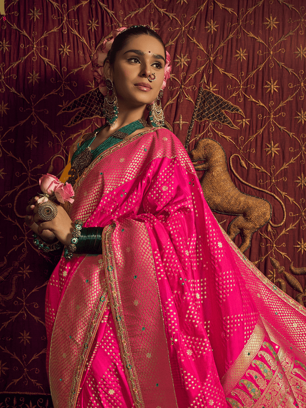 Rani Pink Banarasi Dola Silk Saree With Contrast Blouse