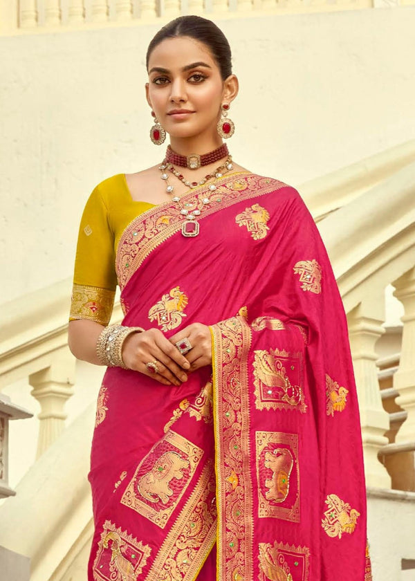 Rani Pink Banarasi Silk Saree With Contrast Blouse