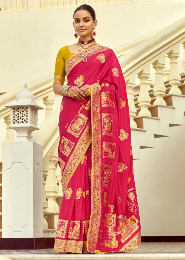Rani Pink Banarasi Silk Saree With Contrast Blouse