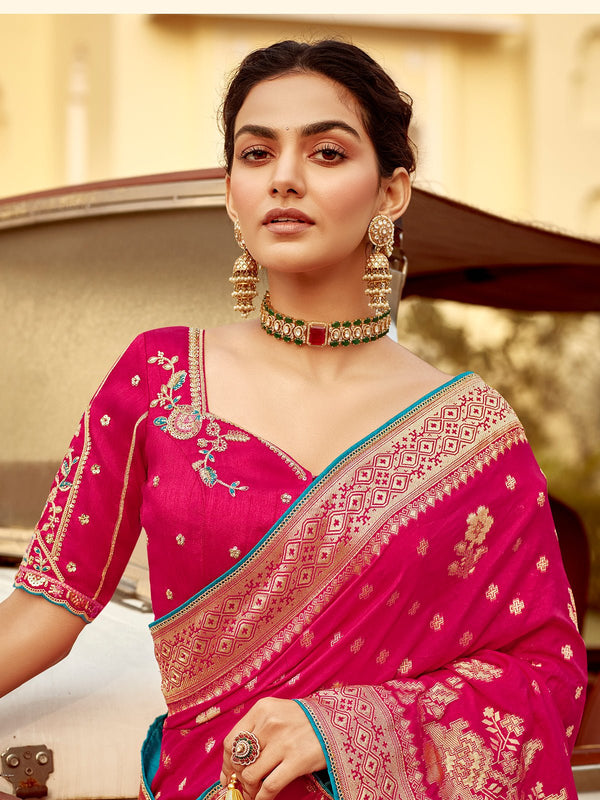 Rani Pink Banarasi Silk Saree With Gold Zari