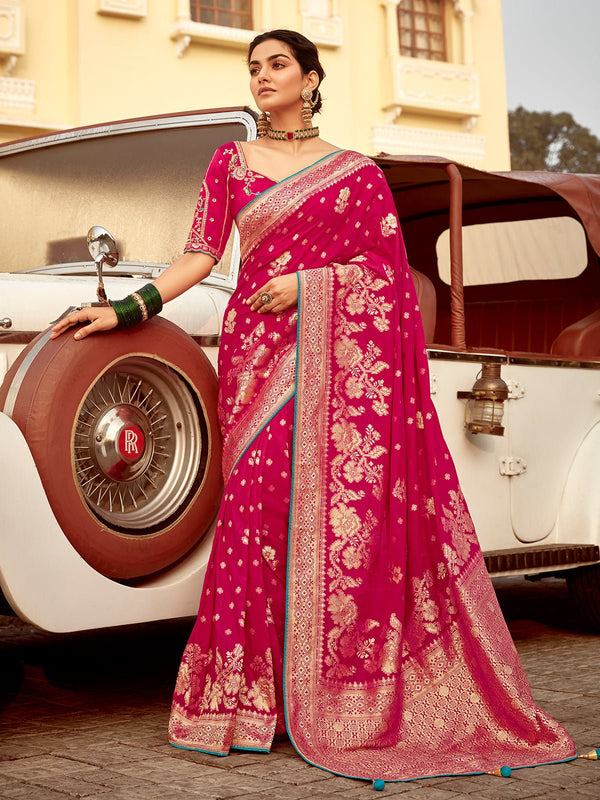 Rani Pink Banarasi Silk Saree With Gold Zari