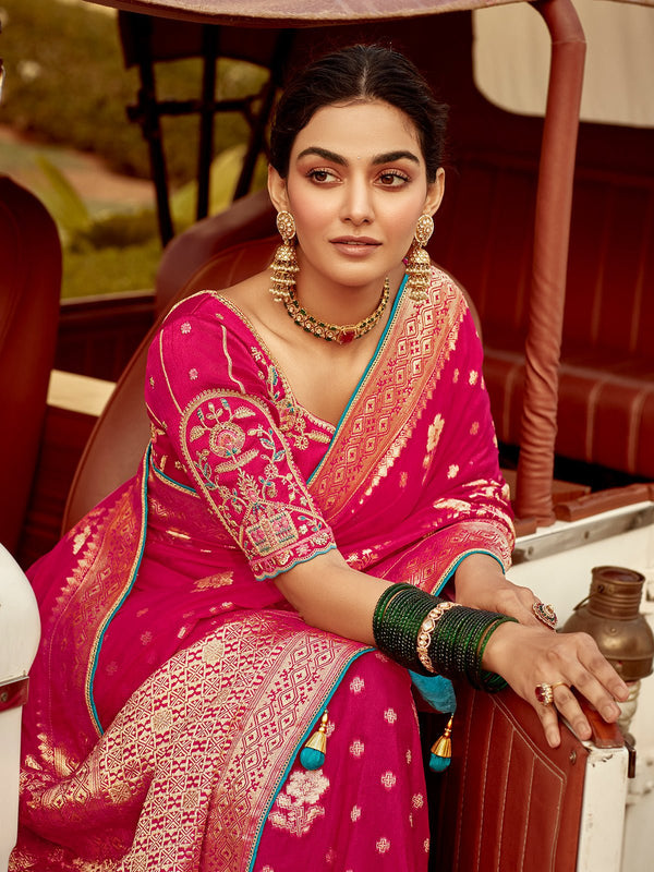 Rani Pink Banarasi Silk Saree With Gold Zari