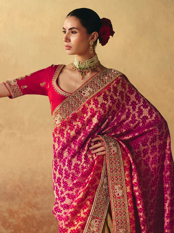 Rani Pink Bandhani Banarasi Georgette Saree, pallu and blouse
