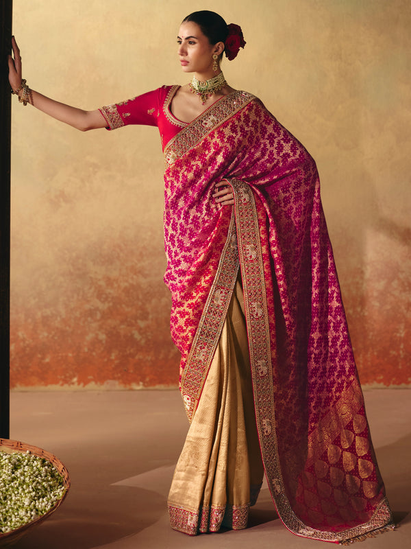 Rani Pink Bandhani Banarasi Georgette Saree With Contrast Blouse