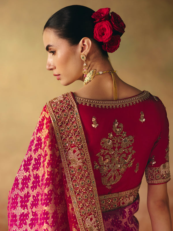 Rani Pink Bandhani Banarasi Georgette Saree, back view
