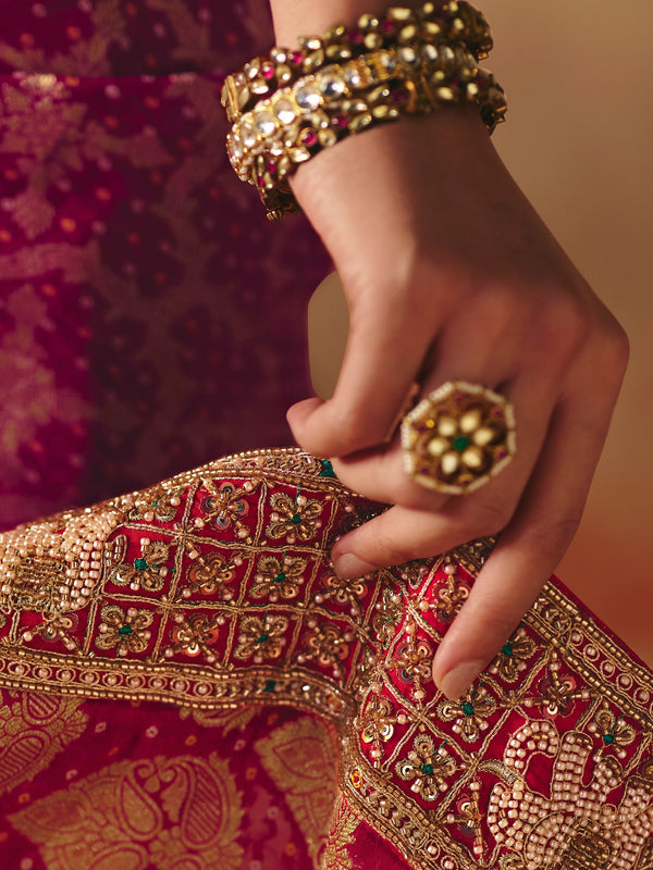 Rani Pink Bandhani Banarasi Georgette Saree, weave and work detail