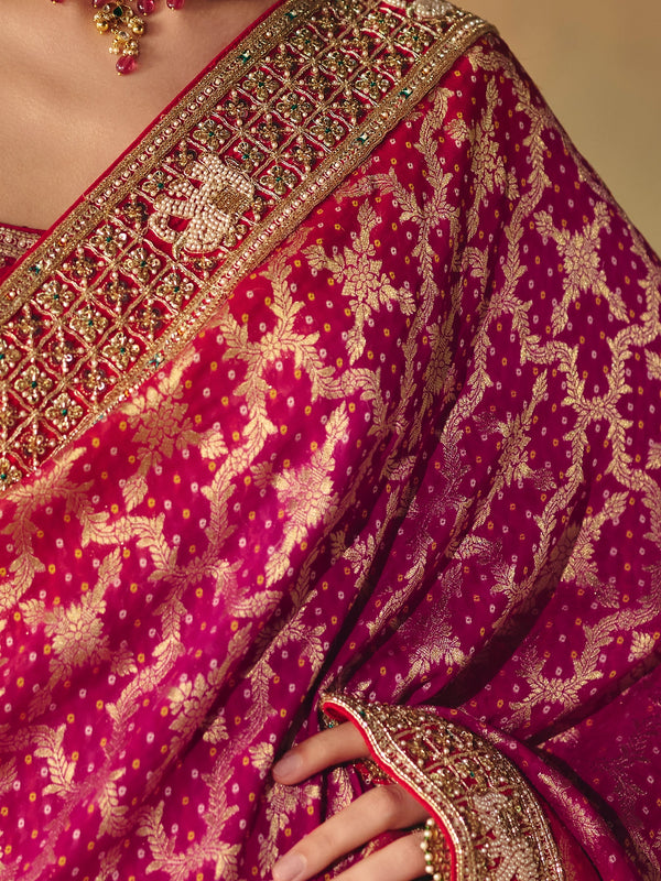 Rani Pink Bandhani Banarasi Georgette Saree, fabric close-up