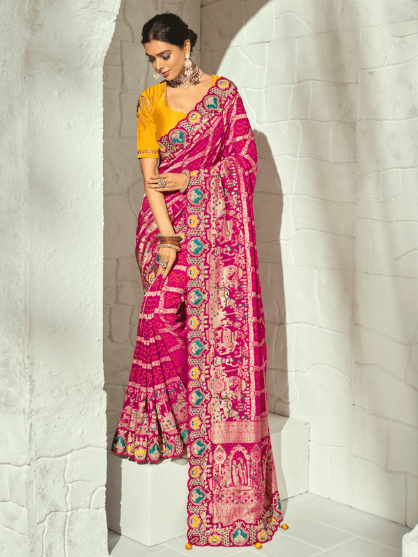 Rani Pink Bandhani Banarasi Georgette Saree With Contrast Blouse