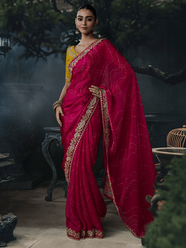Rani Pink Bandhani Printed Designer Georgette Silk Saree With Contrast Blouse
