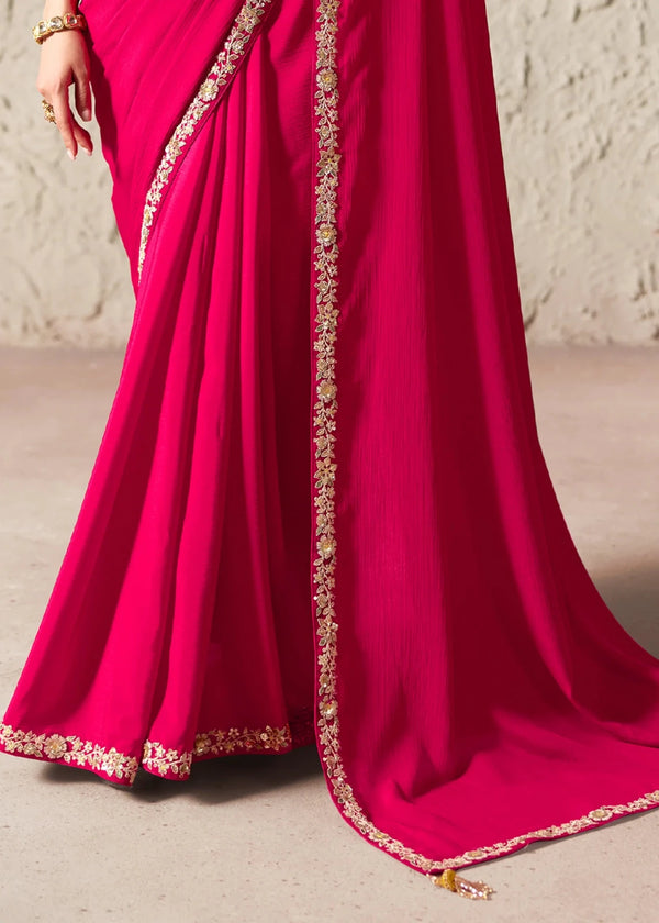 Rani Pink Designer Organza Saree with Yellow Contrast Blouse