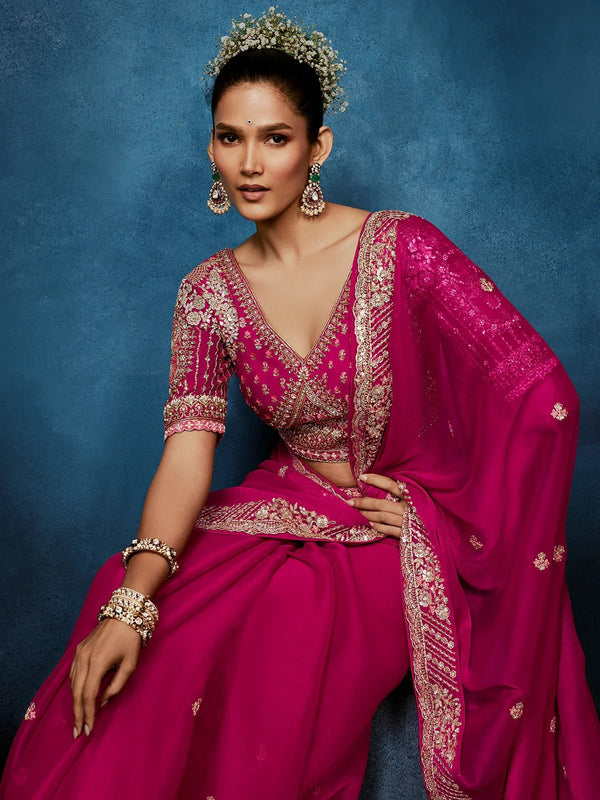 Rani Pink Designer Silk Saree with Heavy Embroidered Blouse