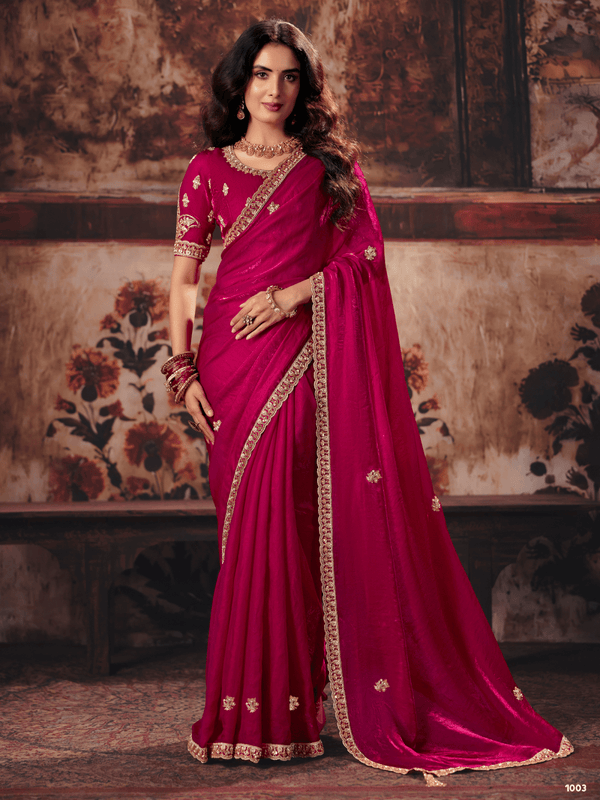 Rani Pink Embroidered Designer Satin Silk Saree