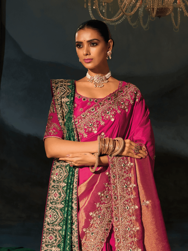 Rani Pink Embroidered Designer Tissue Silk Saree