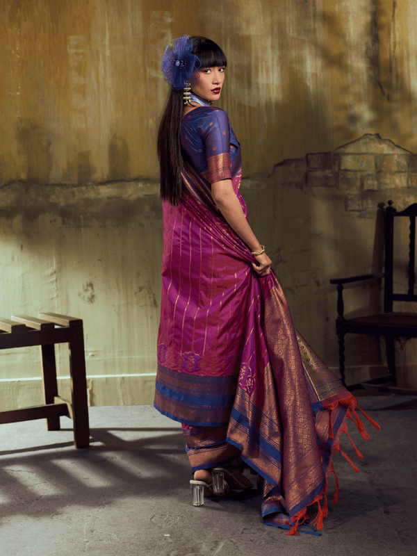 Rani Pink Kanjivaram Silk Saree With Contrast Blouse
