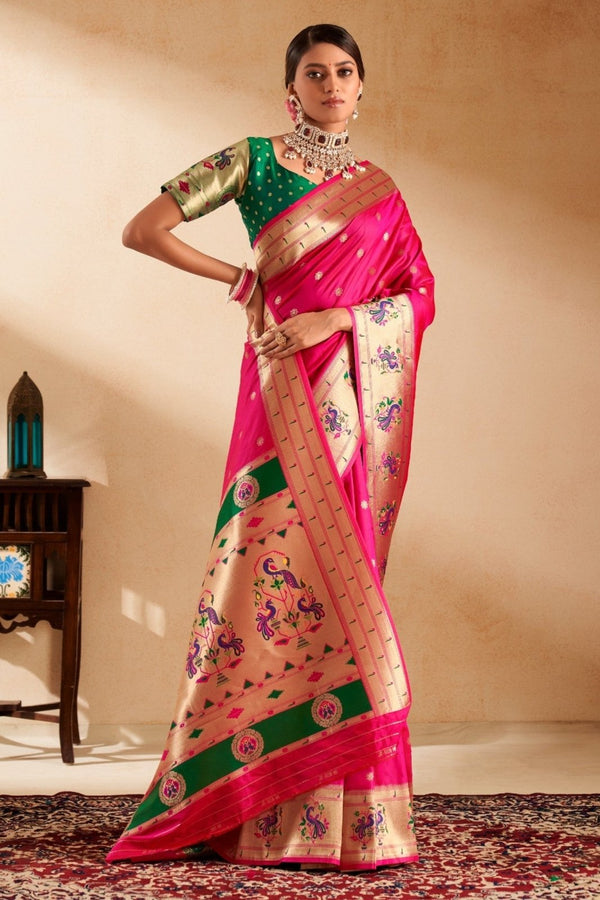Rani Pink Paithani Silk Saree with Gold Zari Peacock Motif Pallu