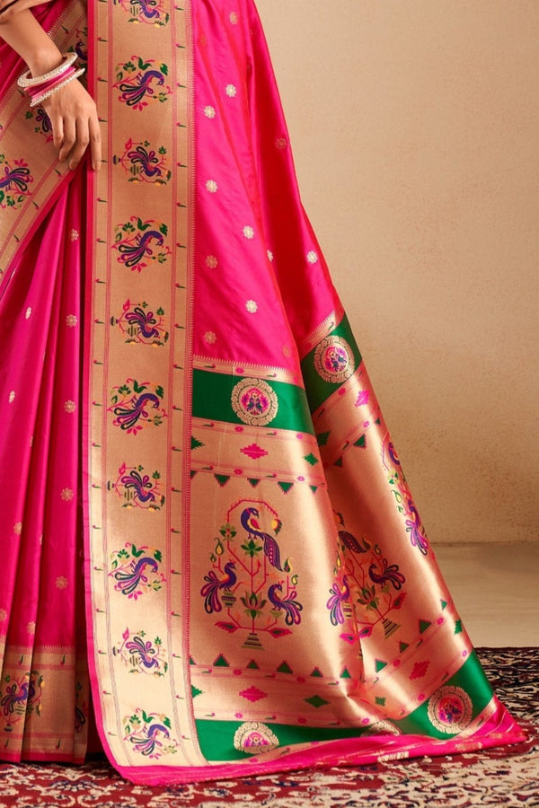 Rani Pink Paithani Silk Saree with Gold Zari Peacock Motif Pallu