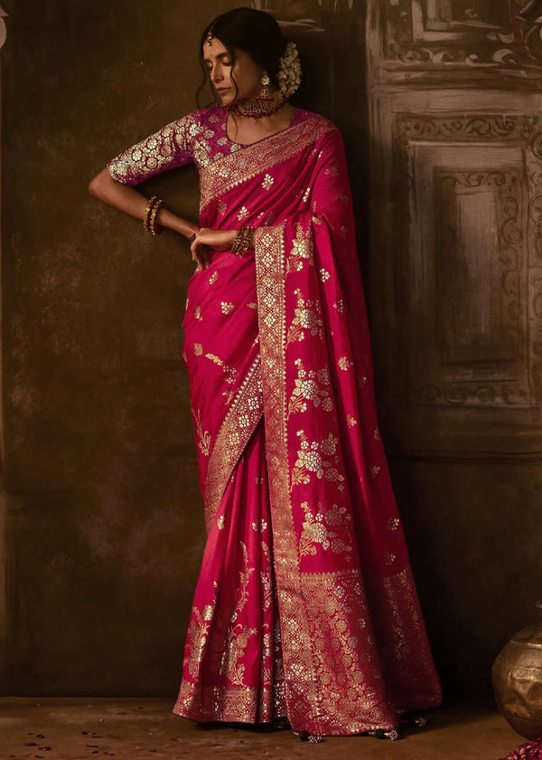 Rani Pink Woven Designer Banarasi Silk Saree