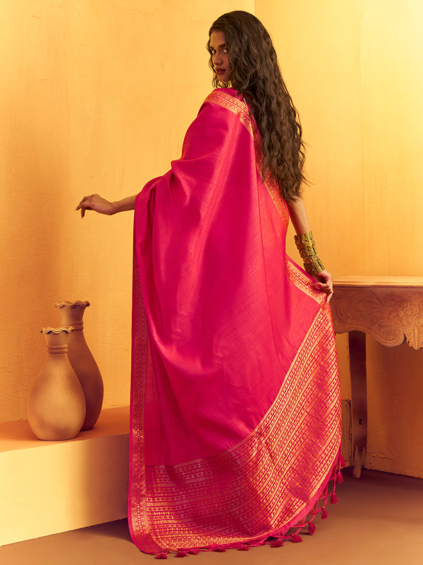 Rani Pink Woven Designer Tussar Silk Saree, back view