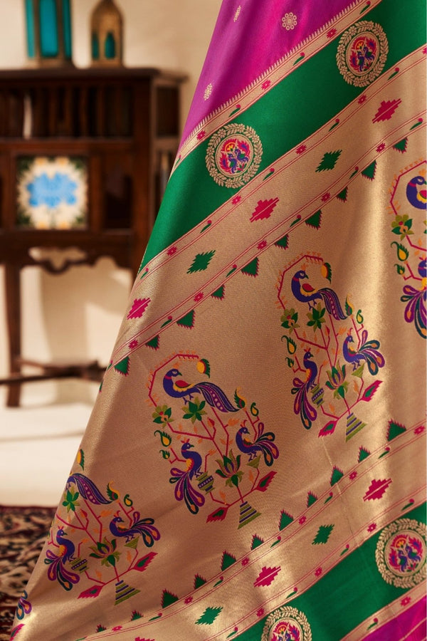 Rani Purple Paithani Silk Saree with Gold Zari Peacock Motif Pallu