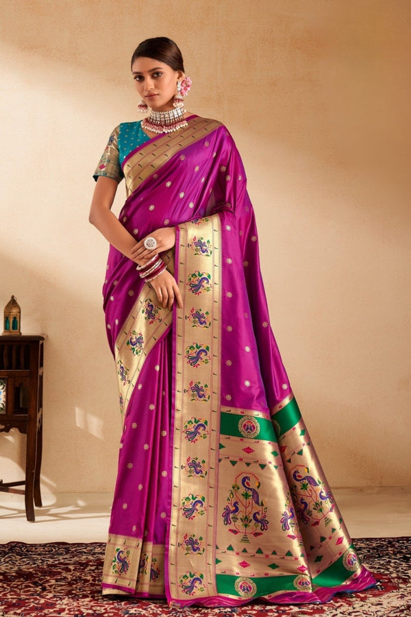 Rani Purple Paithani Silk Saree with Gold Zari Peacock Motif Pallu
