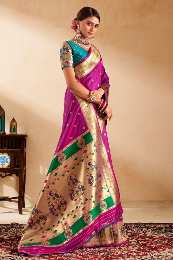 Rani Purple Paithani Silk Saree with Gold Zari Peacock Motif Pallu