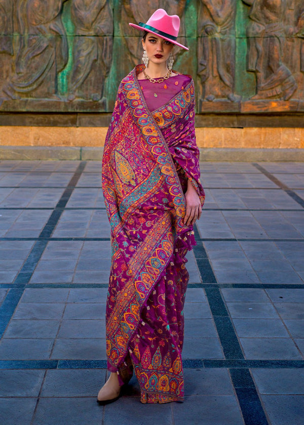 Raspberry Purple Kashmiri Jamawar Organza Silk Saree