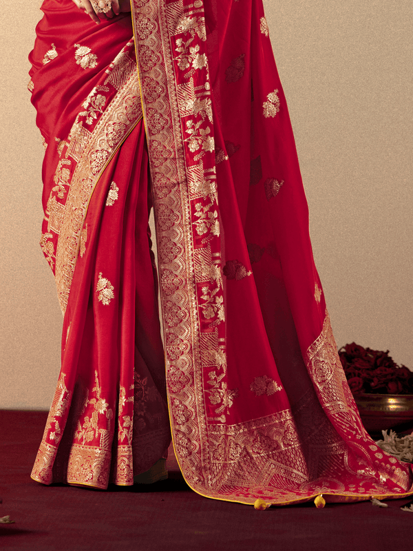Red Banarasi Silk Saree With Contrast Blouse