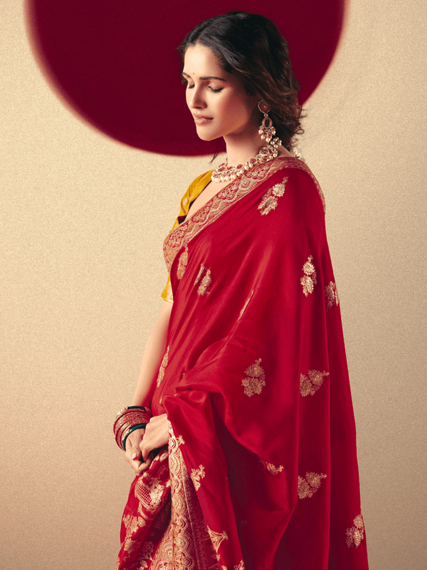 Red Banarasi Silk Saree With Contrast Blouse