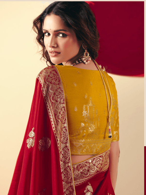 Red Banarasi Silk Saree With Contrast Blouse