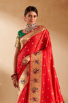 Red Paithani Silk Saree with Gold Zari Peacock Motif Pallu