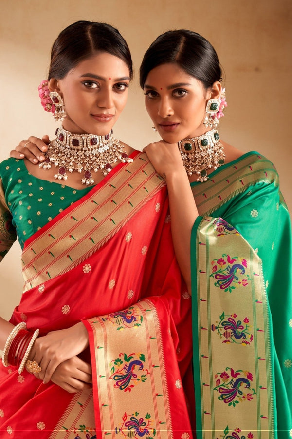 Red Paithani Silk Saree with Gold Zari Peacock Motif Pallu
