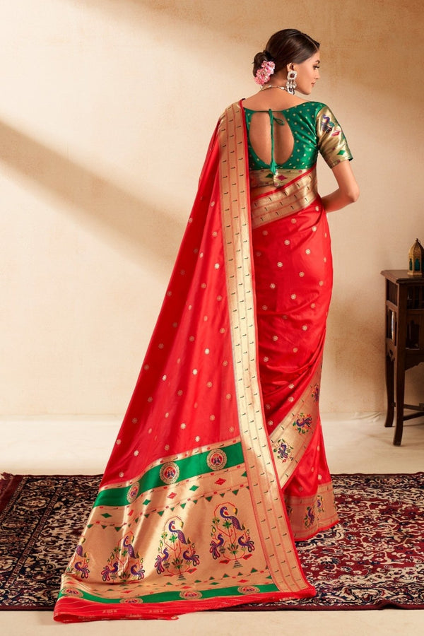 Red Paithani Silk Saree with Gold Zari Peacock Motif Pallu
