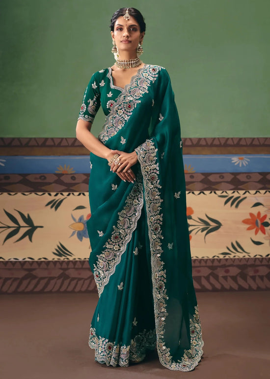 Rich Teal Green Georgette Silk Saree