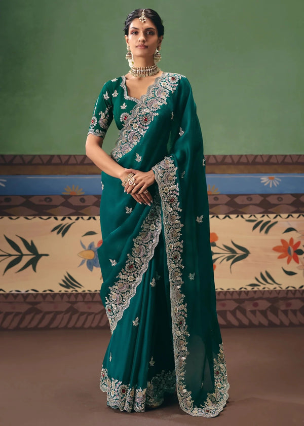 Rich Teal Green Georgette Silk Saree