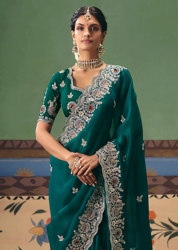 Rich Teal Green Georgette Silk Saree