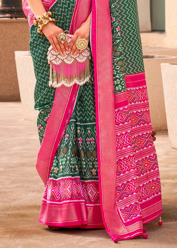 Rifle Green And Raspberry Pink Woven Printed Patola Silk Saree