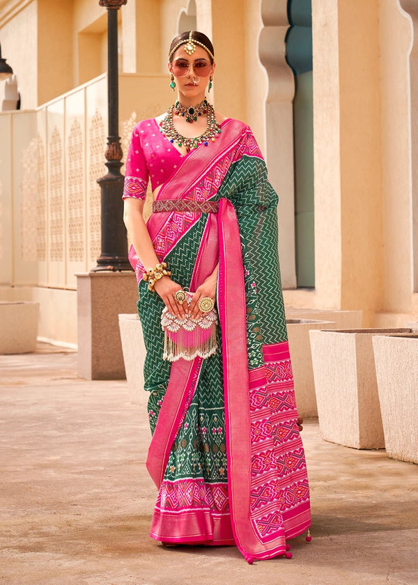 Rifle Green And Raspberry Pink Woven Printed Patola Silk Saree