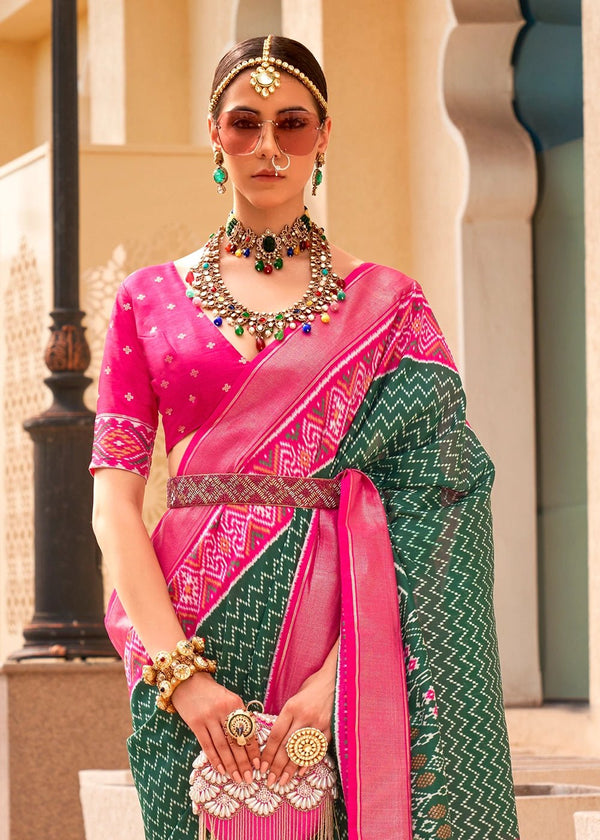 Rifle Green And Raspberry Pink Woven Printed Patola Silk Saree