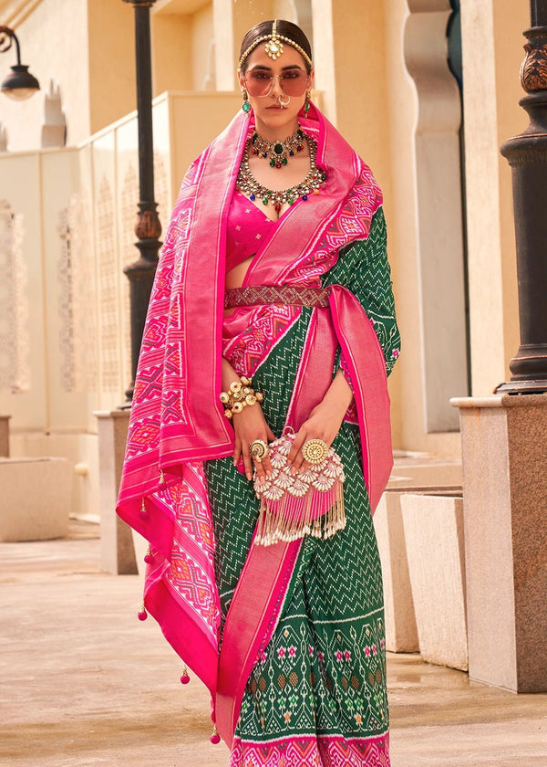Rifle Green And Raspberry Pink Woven Printed Patola Silk Saree