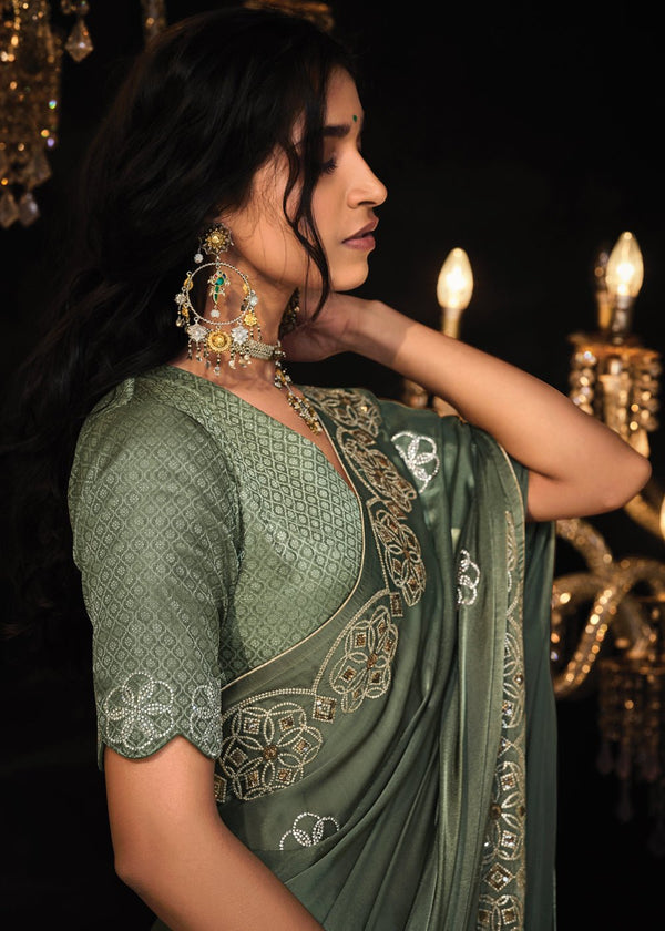 Rifle Green Heavy Embroidered Designer Silk Saree
