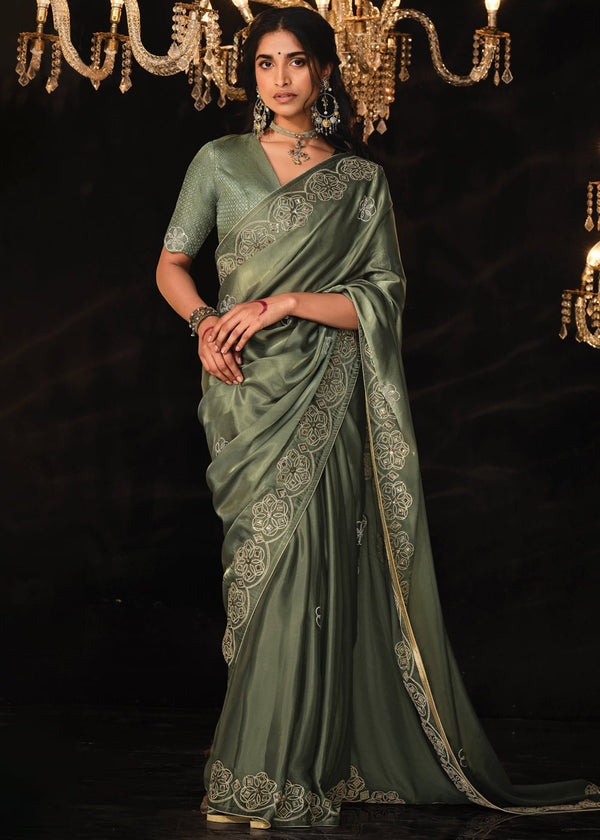 Rifle Green Heavy Embroidered Designer Silk Saree