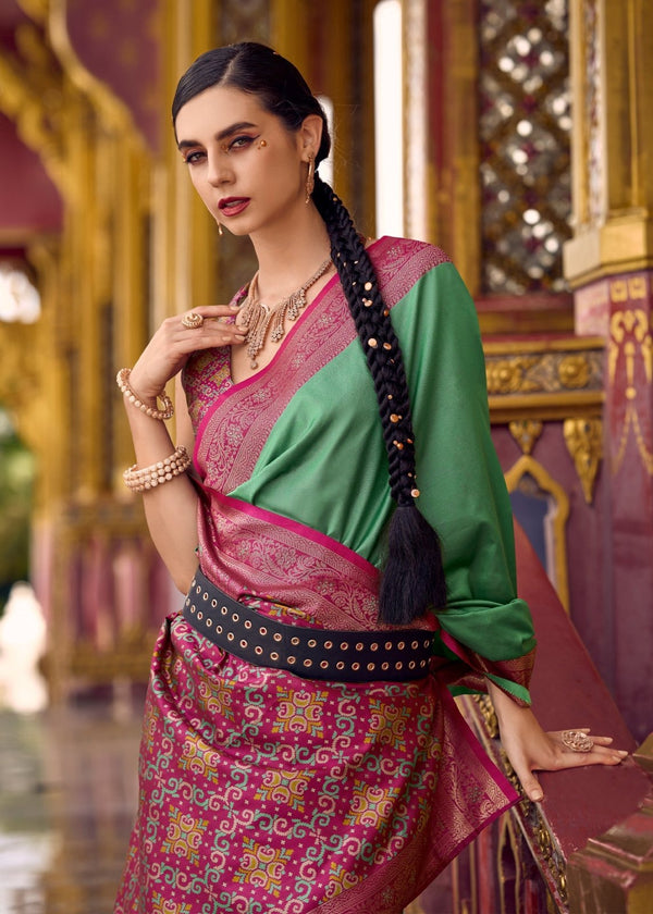Rose Pink and Leaf Green Banarasi Silk Saree