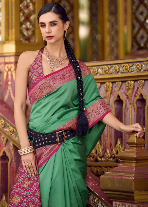 Rose Pink and Leaf Green Banarasi Silk Saree