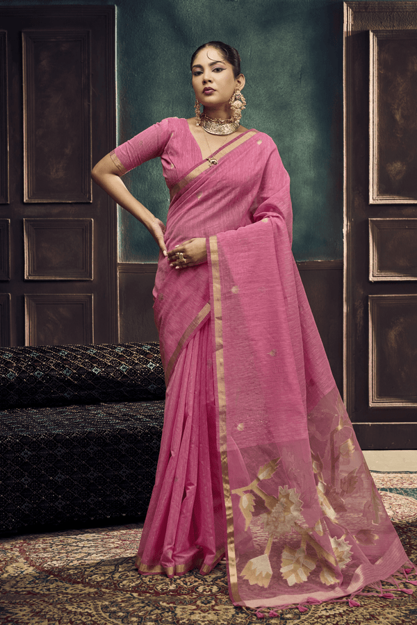 Rose Pink Banarasi Cotton Silk Saree